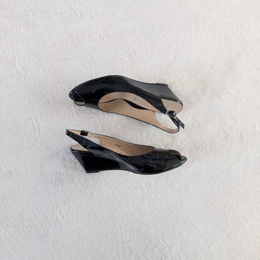 Ron White Black Patent Leather Slingback Wedge Heels Size 8